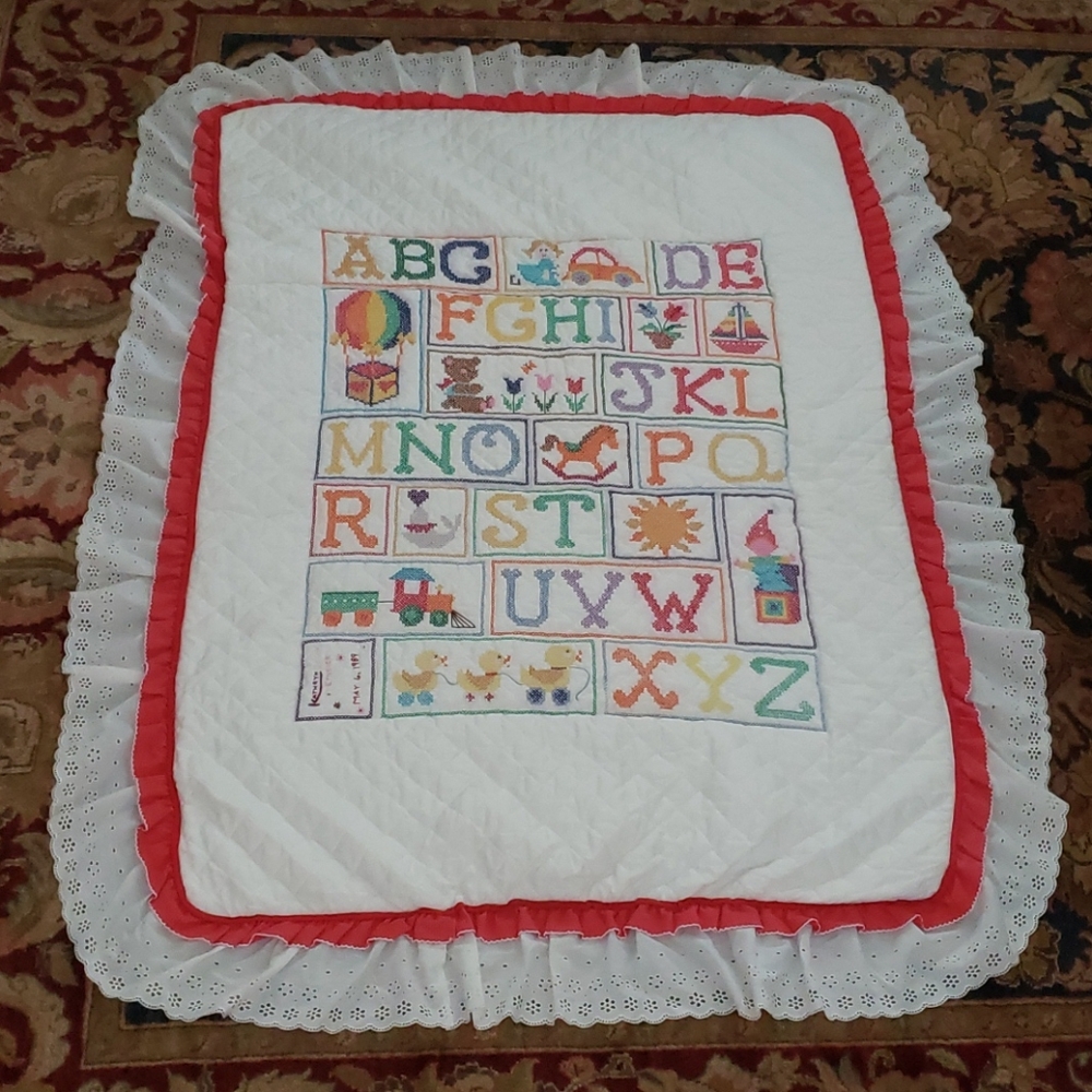 Vintage Cross Stitch Quilt. Baby Blanket. Alphabet